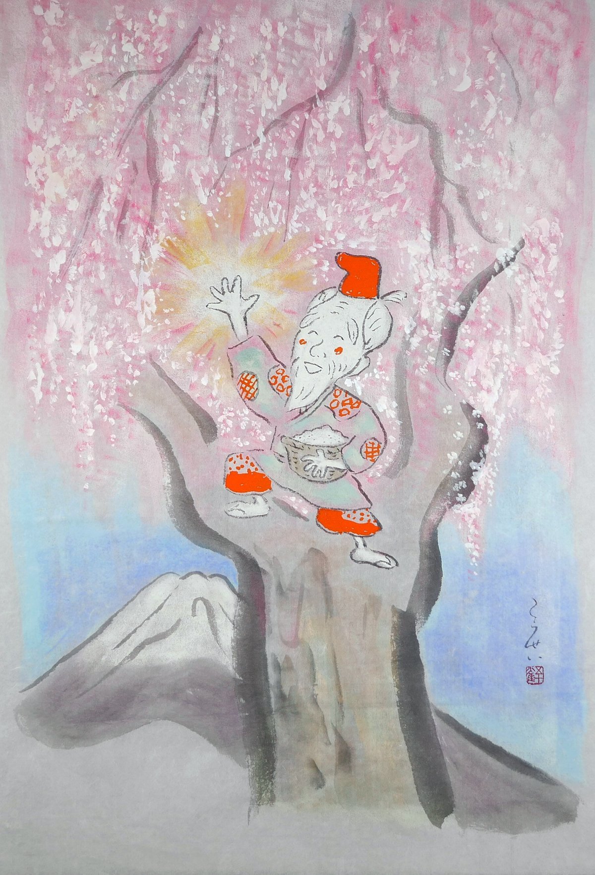 まんが日本昔ばなし.桃太郎 色紙 (前田こうせいサイン入り) まんが日本昔ばなしの前田こうせい新作アニメ桃太郎「約束」原画