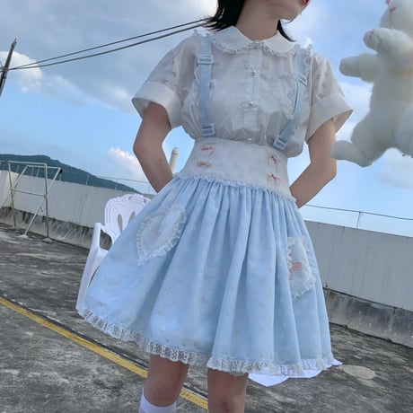 Little Nurseストラップスカート サックス×ピンク