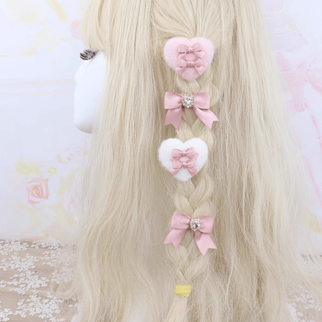 ふわふわハート&リボンクリップset 7色
