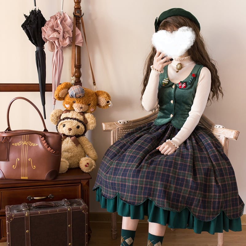 ウールチェック柄スカラップスカート グリーン／select | tulle