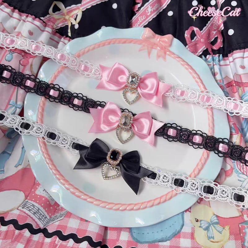 うめぼし☆パステル5色ホワイトバラリボントリミングチョーカー ずっきゅんチョーカー【20個入り】 Pet choker Dog collar Pet