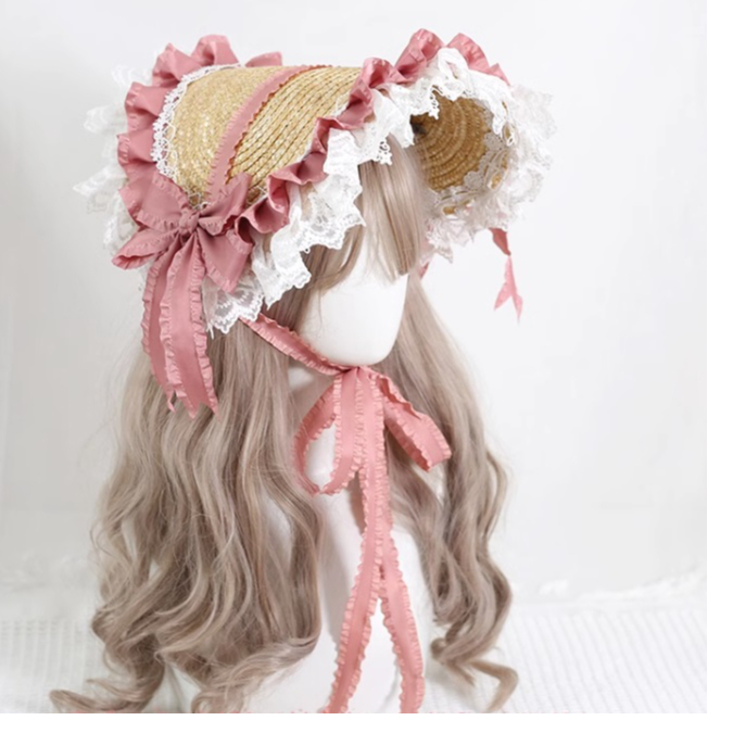 値下げ】ピンク色が可愛い♡麦わらボンネット 値下げ】ピンク色が