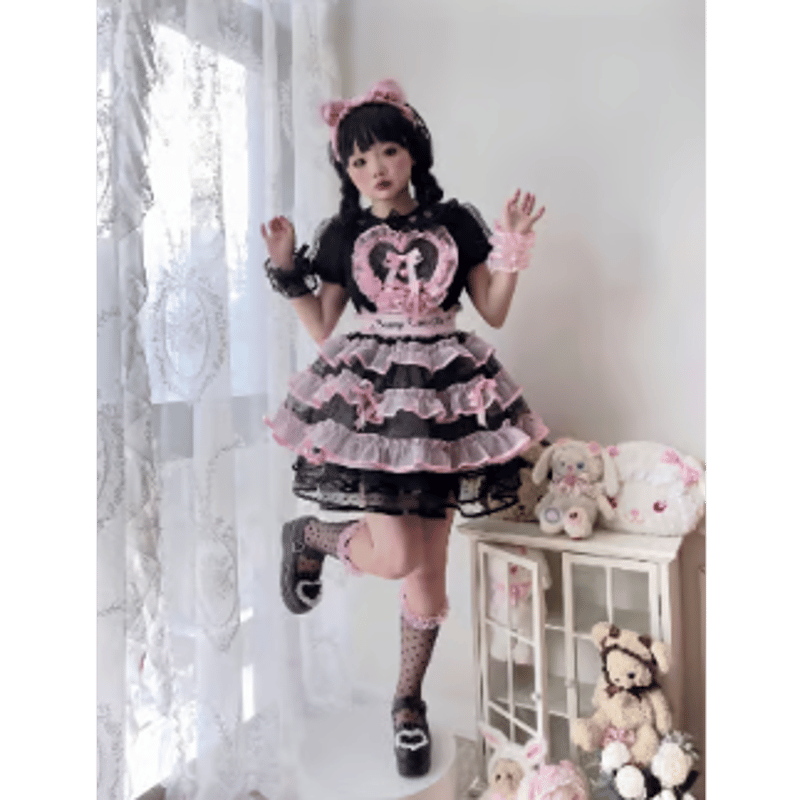 Sweet Heartエプロンスカート ブラック×ピンク | tulle オンラインストア