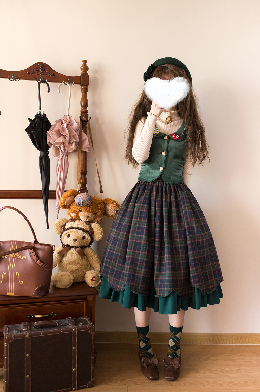 ウールチェック柄スカラップスカート グリーン／select | tulle