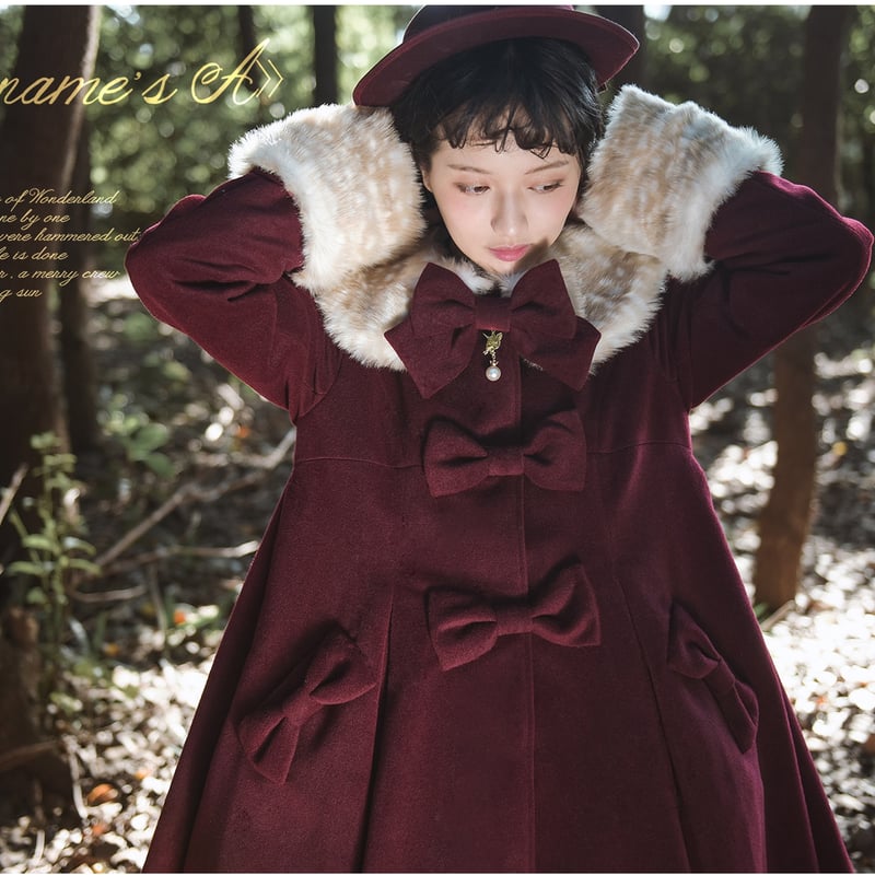 美品✨ピンクハウス リボンフリルコート フード くるみボタン ウール ボルドー バンビファーロングコート ボルドー／select | tulle オンラインストア