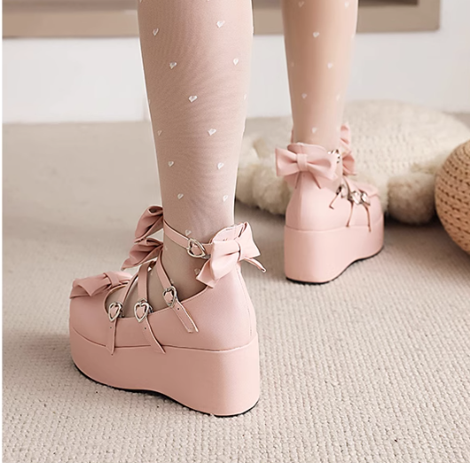 厚底ピンクリボン靴 トリプルリボン厚底シューズ ピーチピンク | tulle オンラインストア