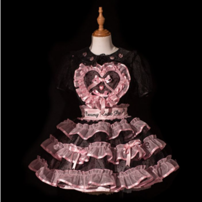 Heart-E 黒ハートエプロンスカートとリボンカチューシャ レースフリルハートエプロンスカート+ヘッドドレス｜東京ロリィタ