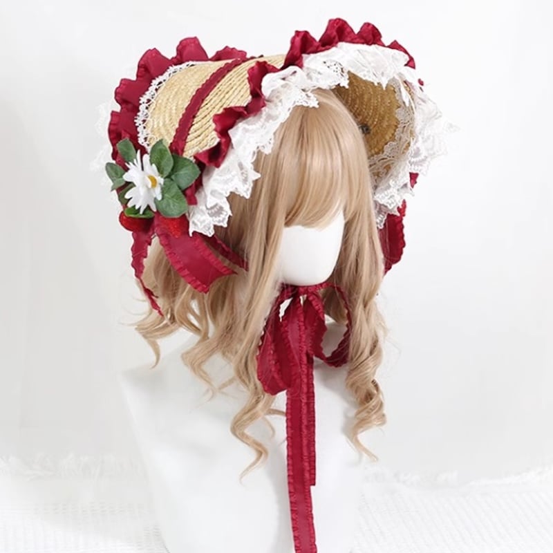 Strawberry Party リボンとフリルのデコレーション ボンネットのみ Strawberry 麦わらボンネット レッド | tulle オンラインストア