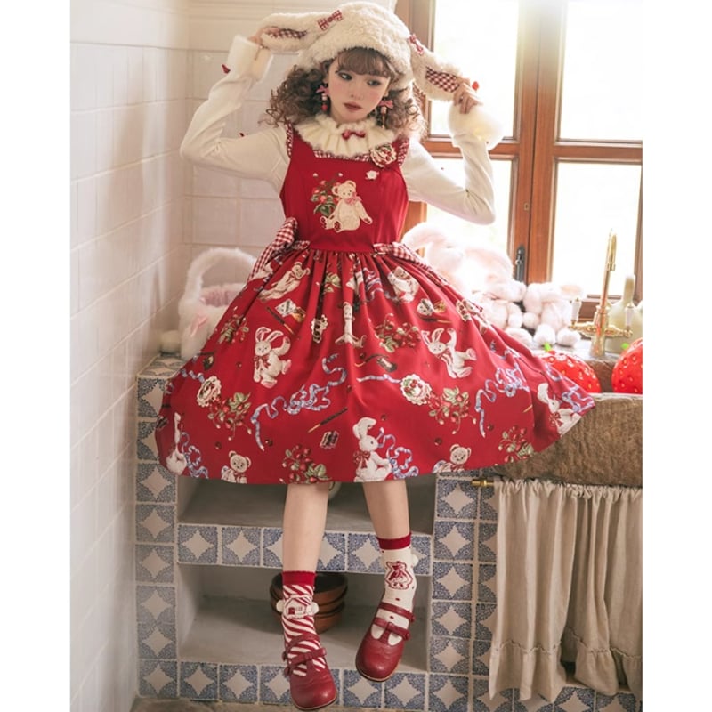 Strawberry TeddyBearロングジャンパースカート 2色／Select | tu 