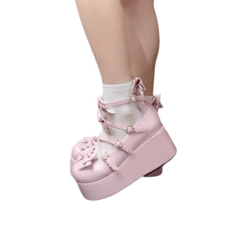厚底ピンクリボン靴 トリプルリボン厚底シューズ ホワイト／select | tulle オンラインストア