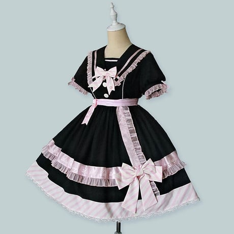 Stripe Ribbonセーラーワンピース　ピンク×ブラック／select