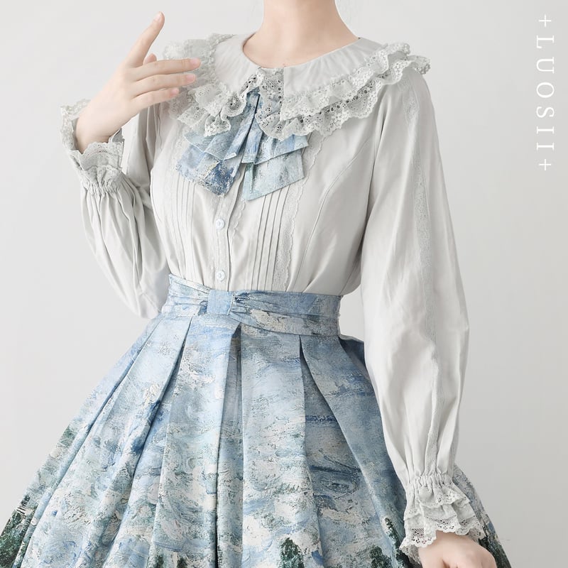 OUR播州織フレアブラウス、サックスブルー シワになりにくい播州織フレアブラウス – OURHOME