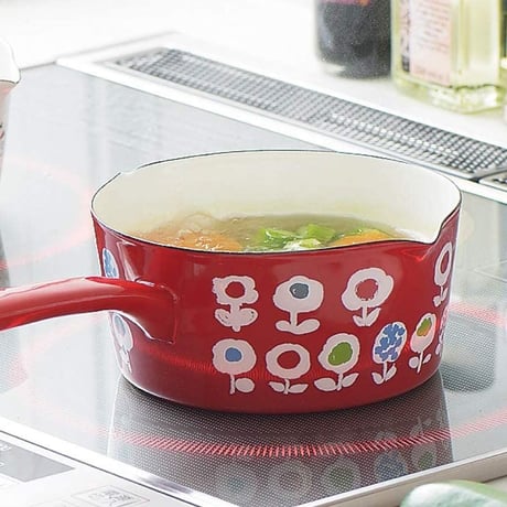 豊琺瑯 ミルクパン レッド 「キャンディーフラワー」 15cm Plune. ホーローミルクパン