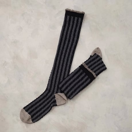 cable stripes high socks <charcoal> L-L12
