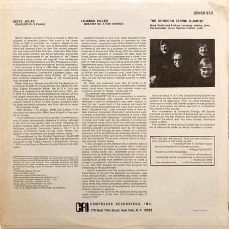 Concord Quartet / BETSY JOLAS - QUATUOR Ⅲ, LEJAREN HILLER - QUARTET NO.6 FOR STRINGS