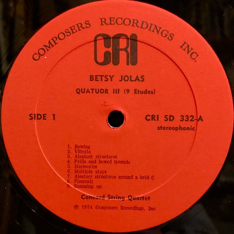Concord Quartet / BETSY JOLAS - QUATUOR Ⅲ, LEJAREN HILLER - QUARTET NO.6 FOR STRINGS