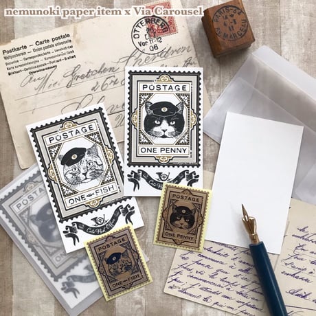 nemunoki paper item/「猫たちの郵便局」❶ファイル付きレターセット・❷ミニカードセット