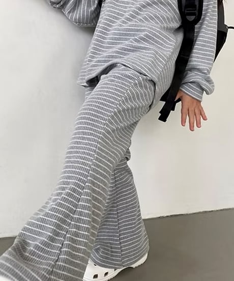 【95~125cm&ADULT】リブボーダーフレアパンツ