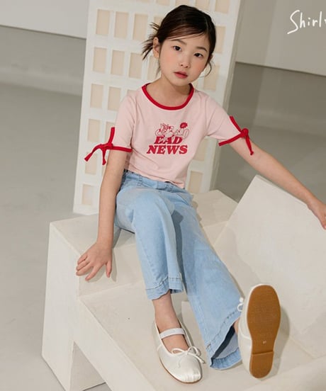 【ラスト・5号90~100/9号110~115】袖リボンクロップTシャツ