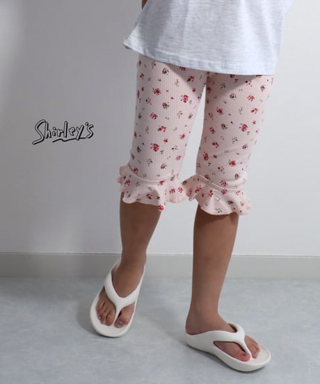 【ラスト・ピンクS90~100/L108~116】ドット＆フラワー7分丈パンツ