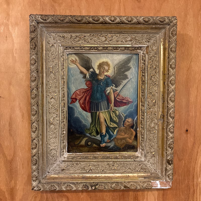アンティーク St.ミカエル 大天使聖 悪魔 デビル 油絵 絵画 オイル