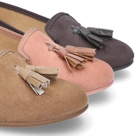 OKAASPAIN / Autumn winter canvas Ballet flats with tassels / TAUPE