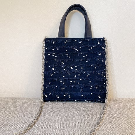 Tweed Otona Bag-Navy＆White Polka Dot