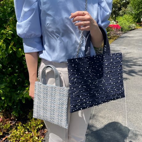 Tweed Otona Bag-Navy＆White Polka Dot