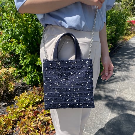 Tweed Otona Bag-Navy＆White Polka Dot