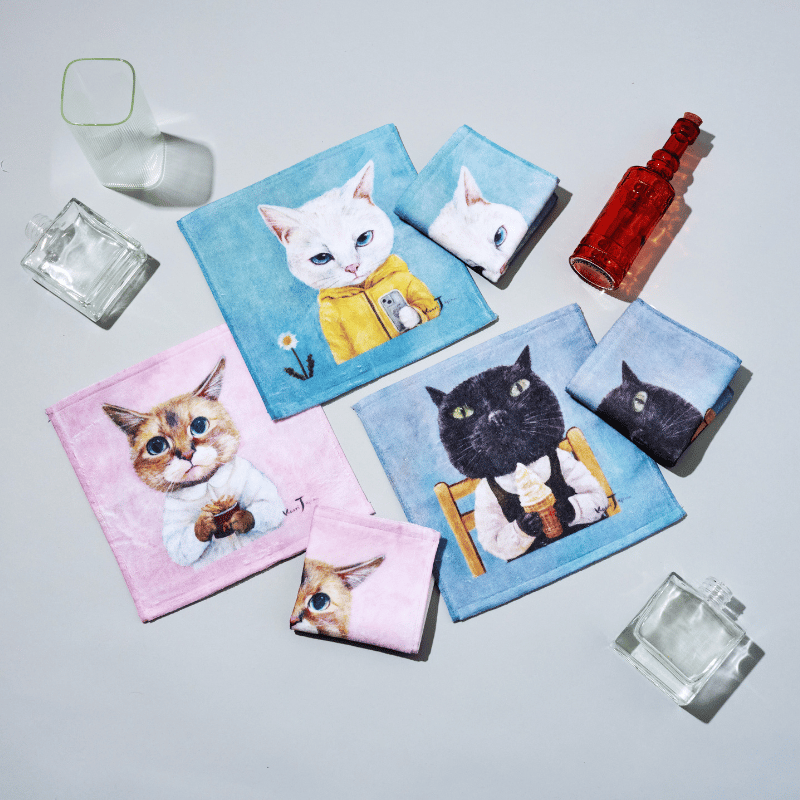 個性的な猫ちゃんのタオルハンカチ | 3軒のねこと庭