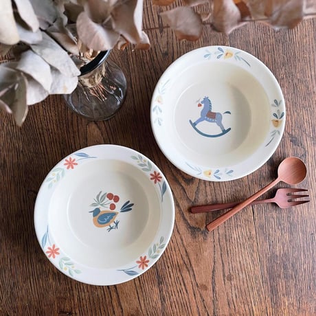 木馬・インコの深皿　6寸/Wooden horse parakeet deep plate