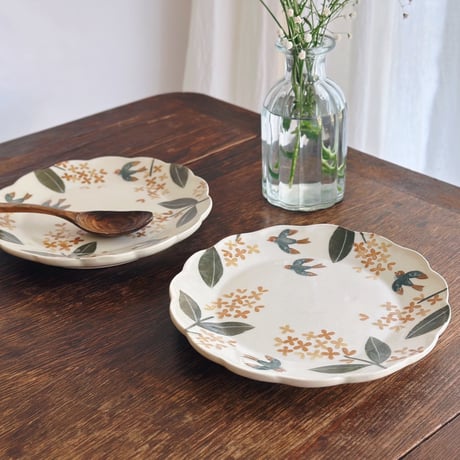 花皿“金木犀と小鳥たちの朝”/Flower plate "Osmanthus and birds in the morning"