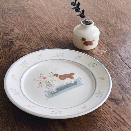 セントバーナードとお花のパスタ皿　7寸/St. Bernard and flower plate