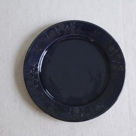 【オオルリ釉】芙蓉の花のリム皿　6寸/Rim plate with rose flower  (s-size)