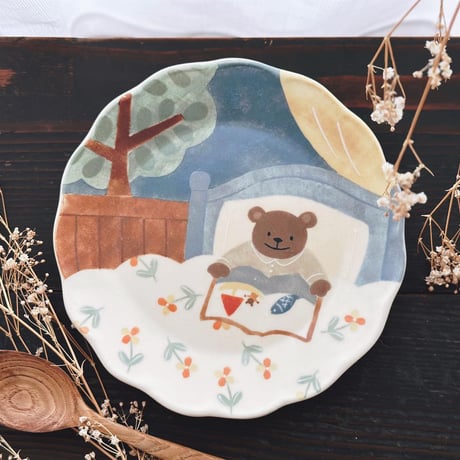 おやすみクマさんの花皿　6寸/Good night bear flower plate