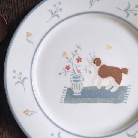 セントバーナードとお花のパスタ皿　7寸/St. Bernard and flower pasta plate
