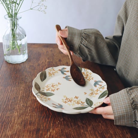 花皿“金木犀と小鳥たちの朝”/Flower plate "Osmanthus and birds in the morning"