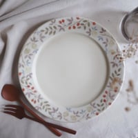 黄色いバラと赤い実のリム皿　7寸/Rim plate with yellow roses and red berries
