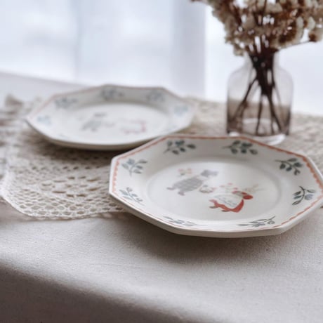 くまとうさぎのお花摘み八角皿/Bear and rabbit flower picking octagonal plate