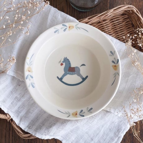 木馬・インコの深皿　6寸/Wooden horse parakeet deep plate