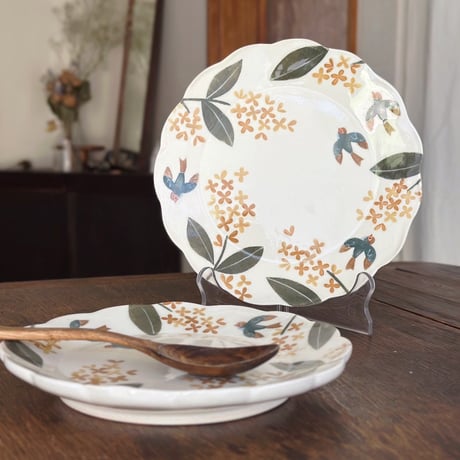 花皿“金木犀と小鳥たちの朝”/Flower plate "Osmanthus and birds in the morning"