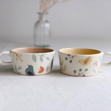 小鳥とお花のスープカップ/Bird and flower soup cup