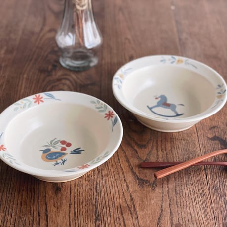 木馬・インコの深皿　6寸/Wooden horse parakeet deep plate