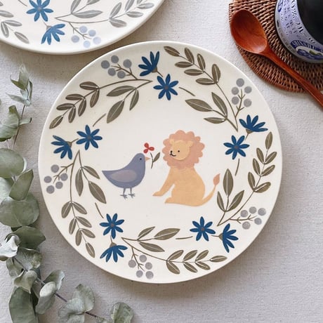 ライオンと鳥の平皿　7寸/Lion and bird flat plate(m-size)