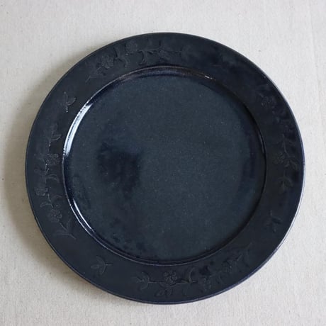 【オオルリ釉】芙蓉の花のリム皿　7寸/Rim plate with rose flower  (m-size)