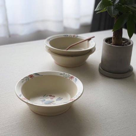 インコとさくらんぼの深皿　6寸/Parakeet and cherries deep plate
