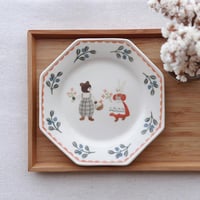 くまとうさぎのお花摘み八角皿/Bear and rabbit flower picking octagonal plate
