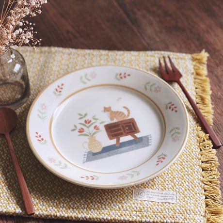 猫とお花のパスタ皿　7寸/cat and flower pasta plate