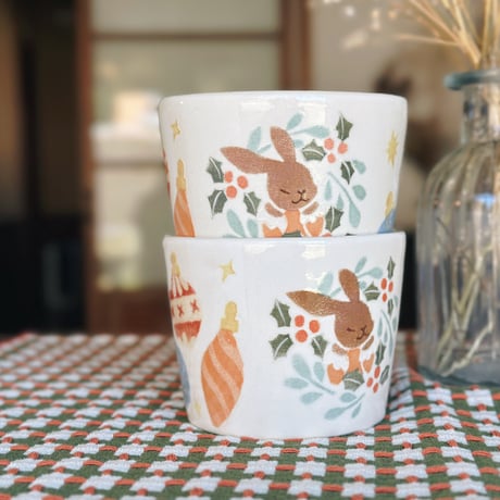 フリーカップ”うさぎとリース”/Free cup "Rabbit and Christmas wreath"