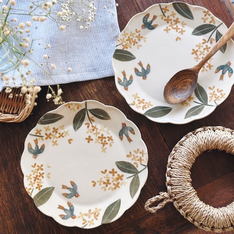 花皿“金木犀と小鳥たちの朝”/Flower plate "Osmanthus and birds in the morning"